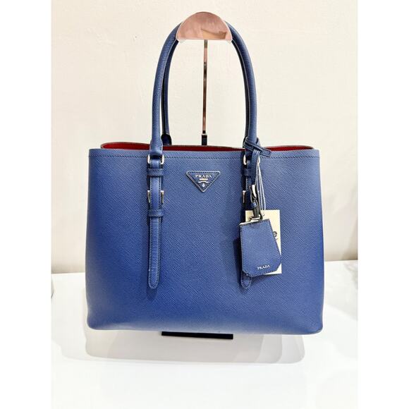 Prada  Saffiano Leather Double Handle Tote Handbag Inchiostro/Red - Picture 2 of 15